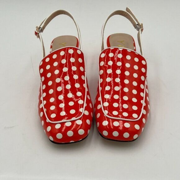 YDN Red Polka Dots Square Toe Block Low Heels Slingback Lady Pump - Picture 3 of 8